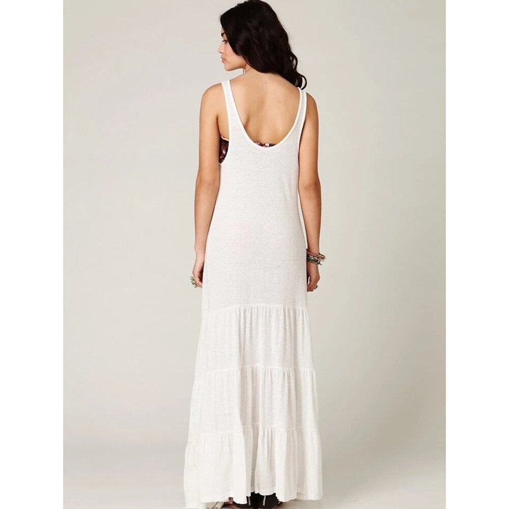 RARE Free People Beach Cream White Casual Boho Tiered Ruffle Hem Maxi Tank Dress - Picture 8 of 15